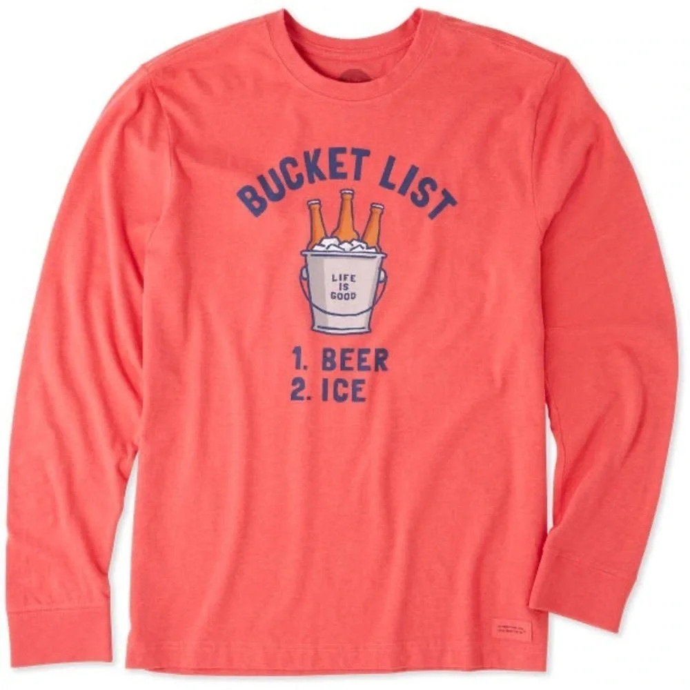 Life Is Good Bucket List Beer Crusher Long-Sleeve Tee Men’s XL Dad Joke Gag Gift